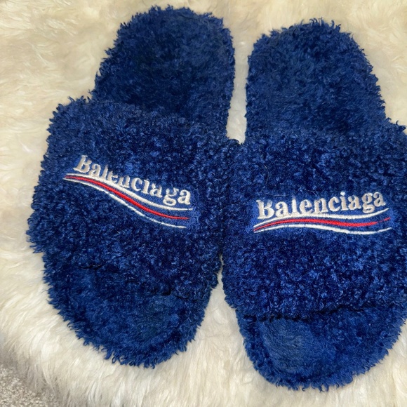 Balenciaga Furry Political Campaign Faux Shearling Slippers 40 blue